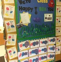 A colorful classroom bulletin board with ocean theme, featuring students' artwork of sea creatures and cheerful text saying, "We're Happy To Sea You!"