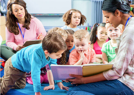 A teacher reads a book to a group of attentive young children sitting on a blue carpet in a classroom. The atmosphere is engaging and focused.